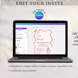 May include: A laptop screen displaying a pink and white vision board party invitation with the text "Eat Drink Manifest 2023 Vision Board Party". The invitation is being edited in Canva.