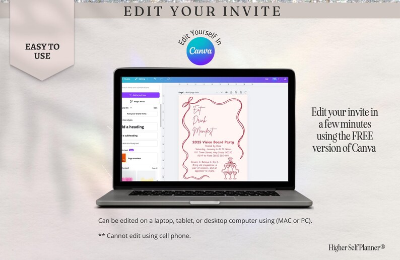 May include: A laptop screen displaying a pink and white vision board party invitation with the text "Eat Drink Manifest 2023 Vision Board Party". The invitation is being edited in Canva.