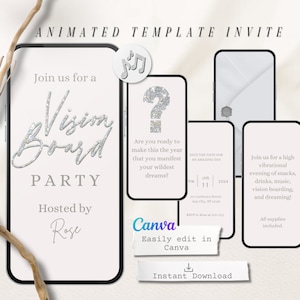 May include: Animated template invite for a Vision Board Party hosted by Rose. The invite features a silver glitter design and text that reads "Join us for a Vision Board Party Hosted by Rose". The invite also includes a question mark with silver glitter, a music note, and a date and time for the event.