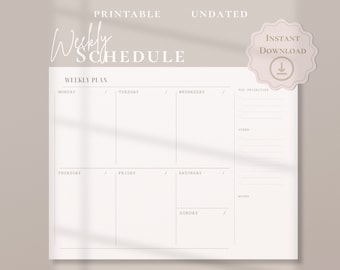Könnte beinhalten: Druckbarer Wochenplaner mit Abschnitten für Montag bis Sonntag, Top-Prioritäten und Notizen. Der Planer ist undatiert und hat ein minimalistisches Design.