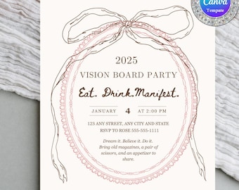 Peut inclure: Une invitation blanche avec une bordure décorative brune et rose. Le texte indique "2025 Vision Board Party Eat. Drink. Manifest. Janvier 4 à 14h00 123 Any Street, Any City and State RSVP à Rose 555-555-1111 Rêvez-le. Croyez-le. Faites-le. Apportez de vieux magazines, une paire de ciseaux et un apéritif à partager."