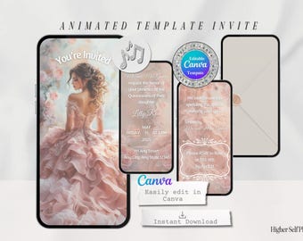 Könnte beinhalten: Eine digitale Einladungsvorlage für eine Quinceañera, die eine junge Frau in einem rosa Kleid, eine Musiknote und den Text "You're Invited" zeigt. Die Vorlage ist in Canva bearbeitbar und enthält den Text "Lily Rose" und "Freitag, 11. Mai um 19:00 Uhr 2023".