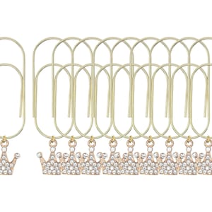 Set of 10 Crystal Crown Gold Planner Paperclips Jumbo Size - Wide Big Paper Clip - Page Marker - Luxury Planner Accessories Set