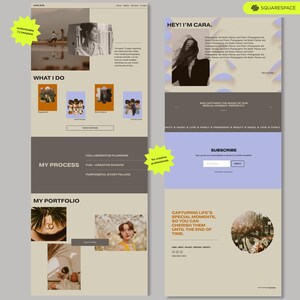 May include: A website homepage for a photographer, Cara Rivas, featuring a light brown background with a yellow starburst graphic. The website includes a photo of Cara, a description of her services, and a call to action to subscribe to her newsletter.