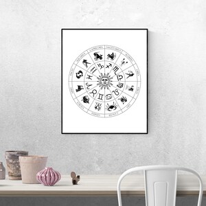 Puede incluir: Un p&oacute;ster imprimible en blanco y negro con una rueda zodiacal circular con los signos y s&iacute;mbolos astrol&oacute;gicos. El sol est&aacute; en el centro de la rueda.