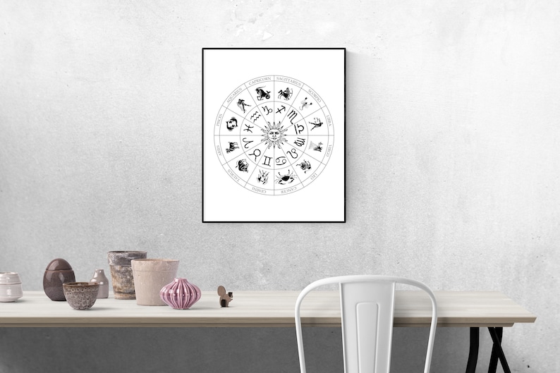 Puede incluir: Un p&oacute;ster imprimible en blanco y negro con una rueda zodiacal circular con los signos y s&iacute;mbolos astrol&oacute;gicos. El sol est&aacute; en el centro de la rueda.