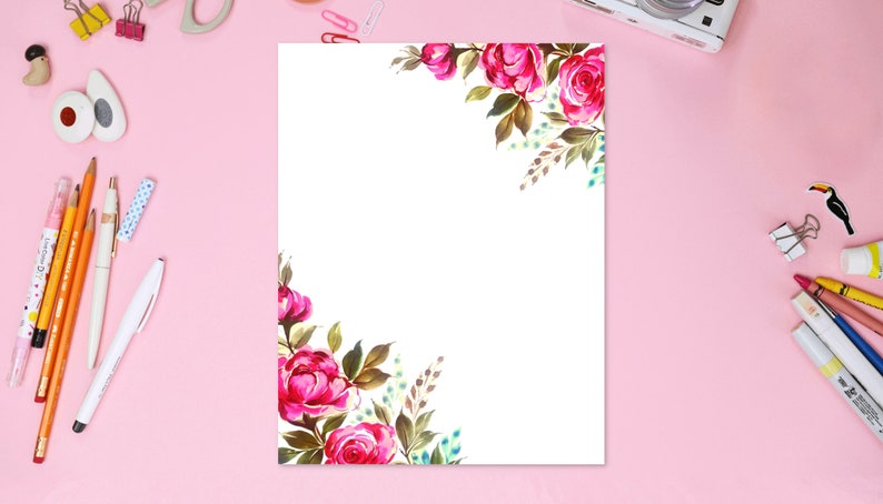 Watercolor Decorative Pink Roses Printable Stationery 8.5x11, Digital ...