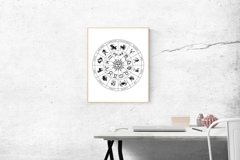 Puede incluir: Una impresi&oacute;n en blanco y negro de una rueda zodiacal con los signos y s&iacute;mbolos astrol&oacute;gicos. El sol est&aacute; en el centro de la rueda.
