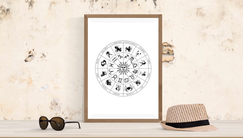 Puede incluir: Una impresi&oacute;n enmarcada de una rueda zodiacal en blanco y negro con los signos y s&iacute;mbolos astrol&oacute;gicos. La impresi&oacute;n est&aacute; sobre un fondo blanco y est&aacute; enmarcada en un marco de madera marr&oacute;n claro. El marco est&aacute; sobre una superficie de madera marr&oacute;n claro. Hay gafas de sol y un sombrero de paja sobre la superficie.