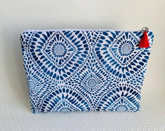 Handmade Blue & White Geometric Pouch with Red Tassel | Boho Cosmetic Bag | Travel Organizer | Gift for Her
