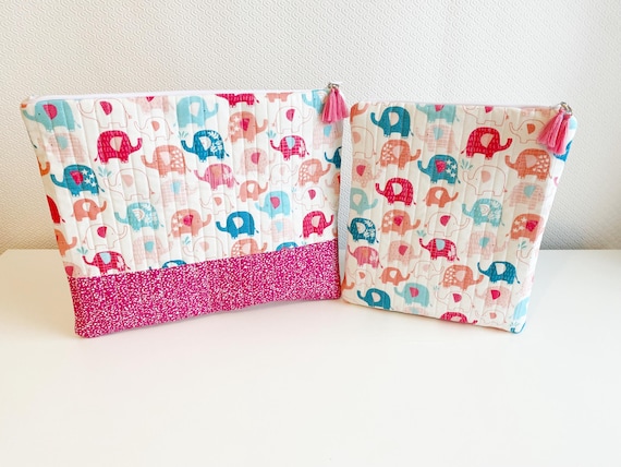 Elephant Quilted Zipper Pouch Set- 2 Bags