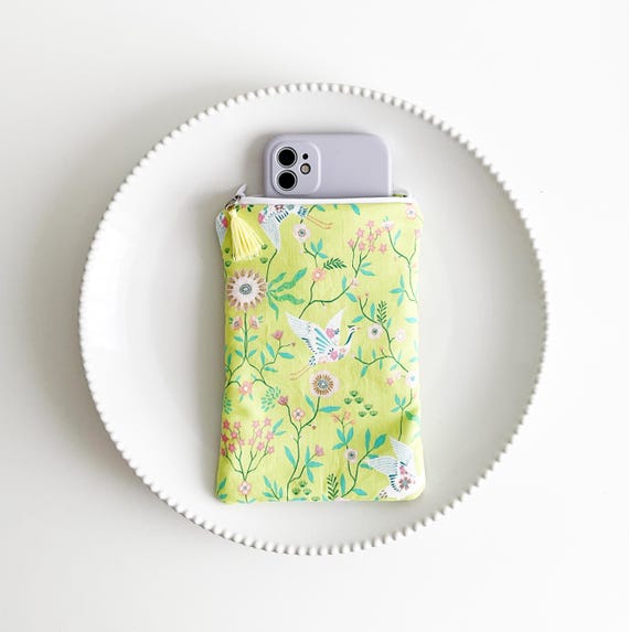 Handmade Mobile Phone Pouch – Crane & Floral Fabric Zip Case