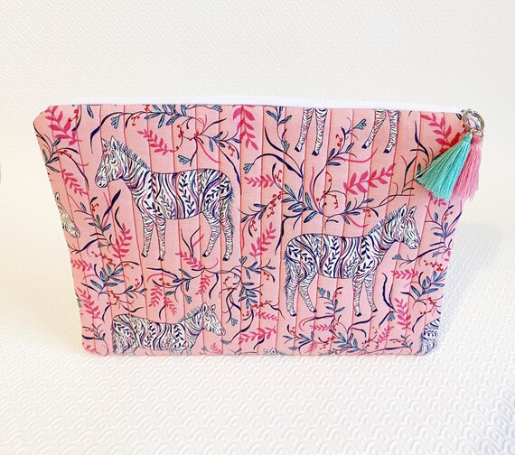Handmade Pink Zebra Print Cosmetic Pouch with Tassel Zipper Pull