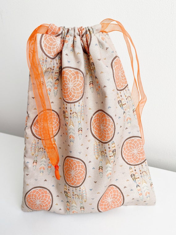 Fabric Drawstring Bag ~ Orange Dreamcatchers