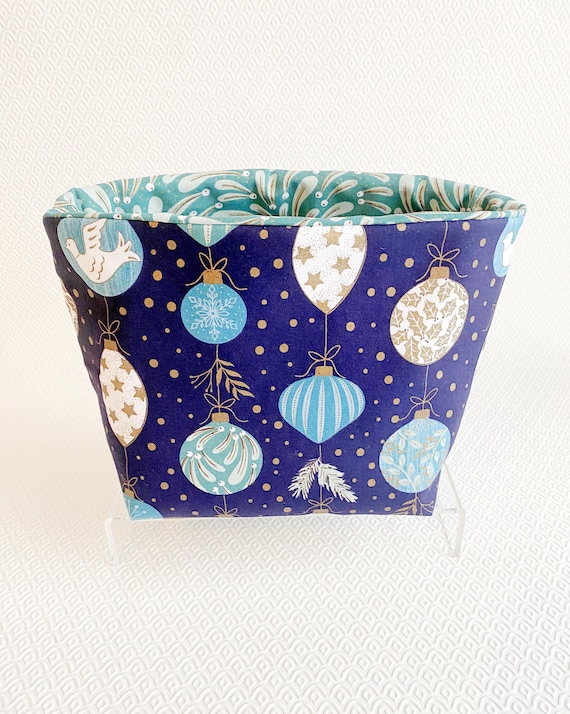 Handmade Christmas Fabric Storage Basket with Christmas ornaments and Mistletoe