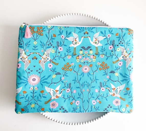 Handmade Zipper Pouch – Blue Crane and Blossom Floral
