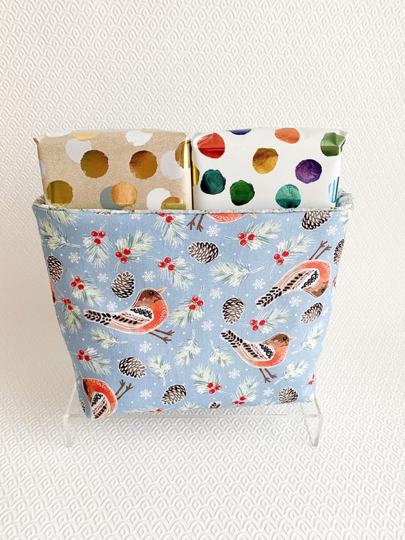 Handmade Christmas Fabric Storage Basket with Festive Bird and Pinecones