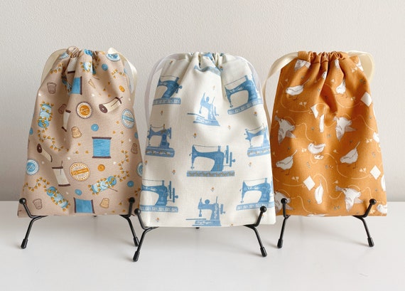 Set of 3 Sewing Patterned Drawstring Fabric Bags - Perfect for Sewing Enthusiasts