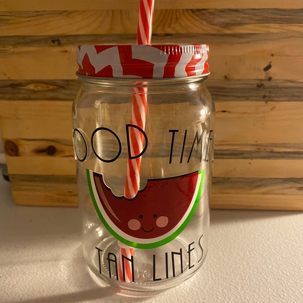 Good Times and Tan Lines - Glass Mason Jar with lid and straw