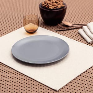 May include: A white placemat with a gray ceramic plate on top. The placemat is on a brown surface with a pattern of small holes. There is a glass of water and a bowl of almonds in the background.