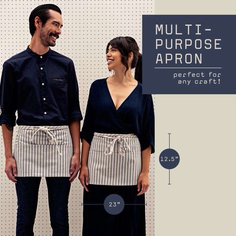 Stylish waist apron for servers, durable canvas fabric, adjustable waist strap, functional pockets for utensils, ideal for waitstaff and bartenders, enhances professionalism, perfect for restaurants and cafes