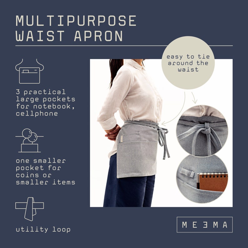 Stylish waist apron for servers, durable canvas fabric, adjustable waist strap, functional pockets for utensils, ideal for waitstaff and bartenders, enhances professionalism, perfect for restaurants and cafes