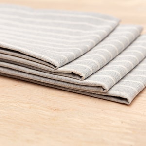 Set of 4 cloth napkins, eco-friendly linen blend, reusable table linens for dining, handmade fabric napkins striped, sustainable kitchen accessories, washable napkins for home decor.