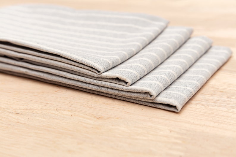 Set of 4 cloth napkins, eco-friendly linen blend, reusable table linens for dining, handmade fabric napkins striped, sustainable kitchen accessories, washable napkins for home decor.