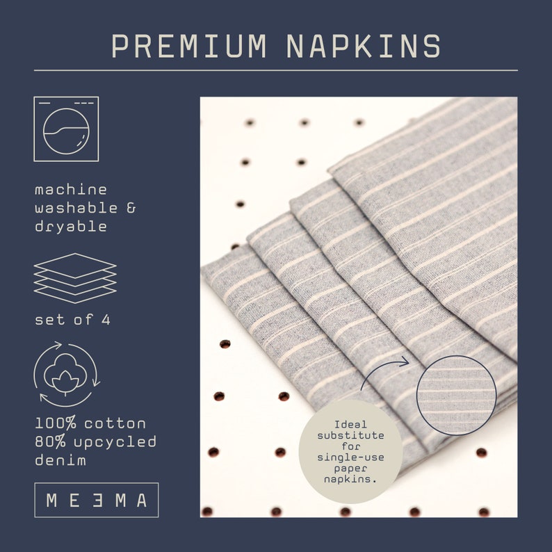 Set of 4 cloth napkins, eco-friendly linen blend, reusable table linens for dining, handmade fabric napkins striped, sustainable kitchen accessories, washable napkins for home decor.