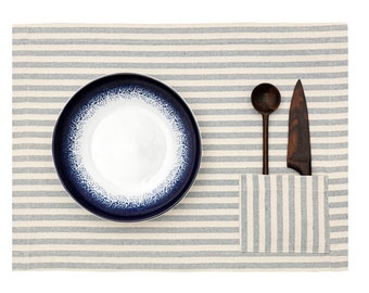 Cloth Placemats with Pockets, Set of 4 - Striped - Washable Rectangular Table Placemats 14" x 19"