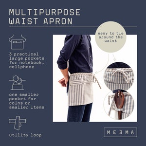 Stylish waist apron for servers, durable canvas fabric, adjustable waist strap, functional pockets for utensils, ideal for waitstaff and bartenders, enhances professionalism, perfect for restaurants and cafes