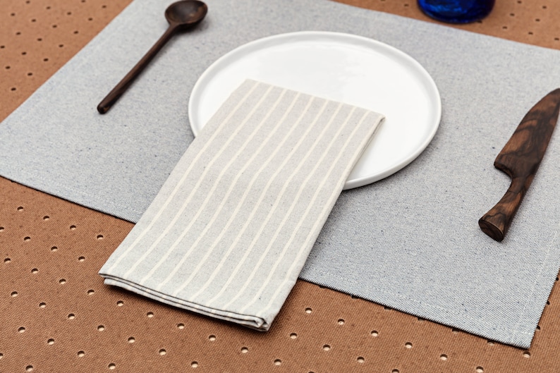 Set of 4 cloth napkins, eco-friendly linen blend, reusable table linens for dining, handmade fabric napkins striped, sustainable kitchen accessories, washable napkins for home decor.