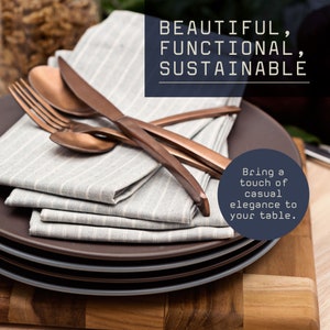 Set of 4 cloth napkins, eco-friendly linen blend, reusable table linens for dining, handmade fabric napkins striped, sustainable kitchen accessories, washable napkins for home decor.
