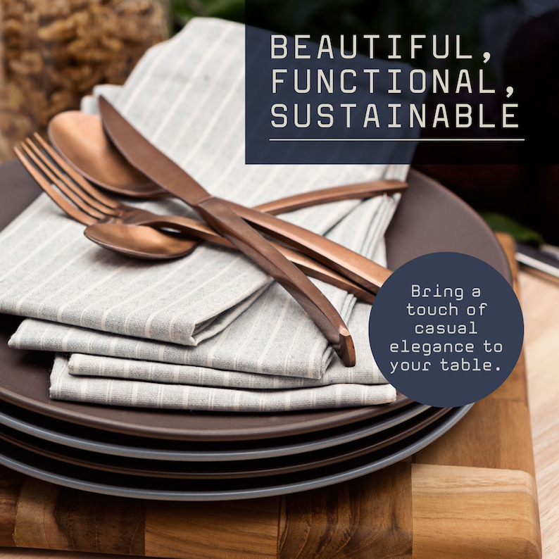 Set of 4 cloth napkins, eco-friendly linen blend, reusable table linens for dining, handmade fabric napkins striped, sustainable kitchen accessories, washable napkins for home decor.