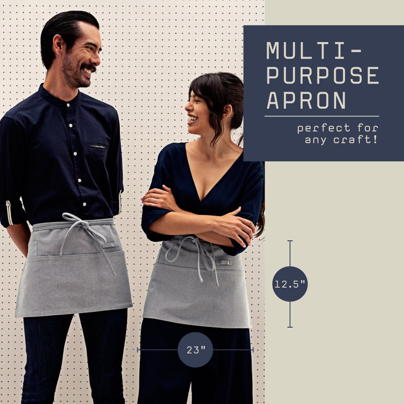 Stylish waist apron for servers, durable canvas fabric, adjustable waist strap, functional pockets for utensils, ideal for waitstaff and bartenders, enhances professionalism, perfect for restaurants and cafes