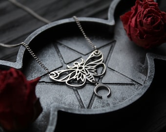 Moth Necklace: Stainless Steel Luna Charm, Gothic Wicca Jewelry
