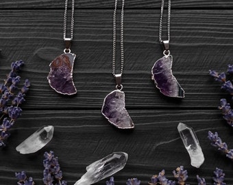 Raw amethyst Moon Druzy necklace crystal pendant  purple gemstone necklace raw stone Moon jewelry  february birthstone