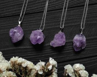 Raw Amethyst Crystal Pendant: Stainless Steel Chain Necklace