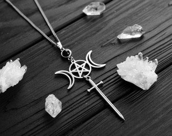 Stainless steel Pentacle Sword Necklace Triple Moon pendant wiccan jewelry pagan jewelry gothic necklace