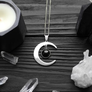Stainless Steel Black Obsidian Agate  Moon phases Necklace Horn Moon  necklace Gothic Necklace Goth Jewelry Witchy Jewelry Moon Pendant