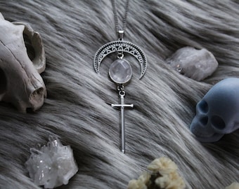 Gothic Crescent Moon Sword Necklace: Stainless Steel Quartz Pendant