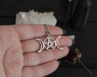 Stainless steel Pentacle necklace Goddess Moon necklace  Wicca Witch Triple Moon pendant  wiccan jewelry pagan jewelry gothic necklace