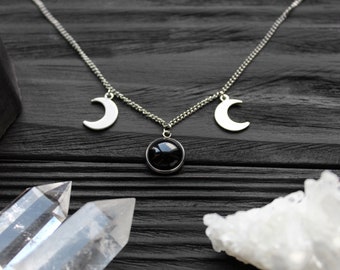 Black Obsidian Moon Phases Necklace: Stainless Steel Goth Jewelry