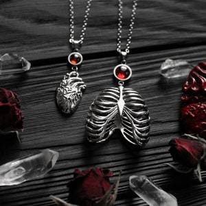 Anatomical Rib Cage Necklace gothic jewelry skeleton pendant wiccan amulet witchcraft Anatomical heart necklace  heart jewelry