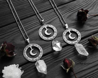 Quartz Crystal Moon Pendant Necklace: Stainless Steel Crescent Charm