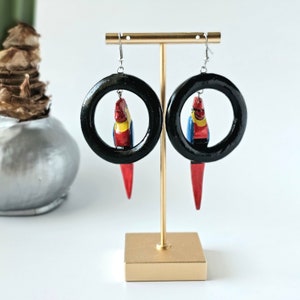 Vintage Large Hoop Parrot Earrings from 1980s Indonesia Perfect Statement Earring Gift for Vintage Outfit Unique Handmade Bold Earrings