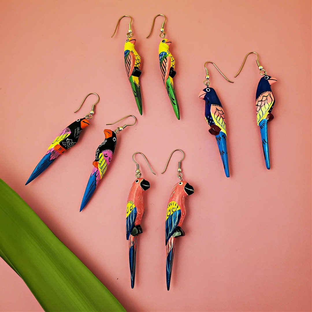 Vibrant Hand Painted Wooden Parrot Earrings Nostalgia Vintage 1980s and ...