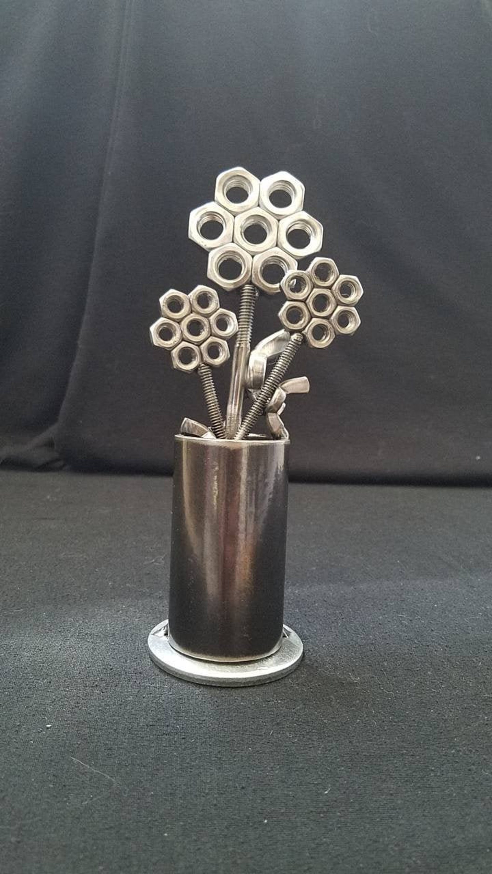 Metal vase with three nuts and bolts style flowers Etsy