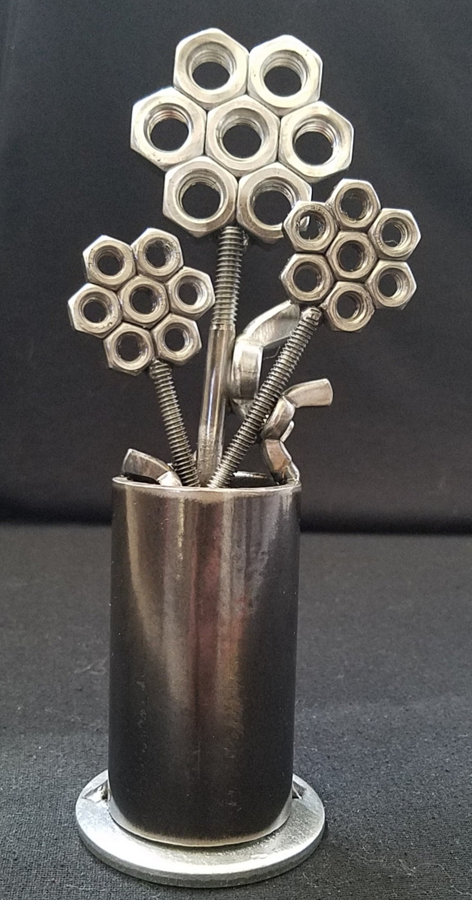 Metal vase with three nuts and bolts style flowers Etsy