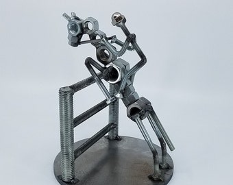 Welded Metal Nut and Bolt Jumping Horse with Rider Sculpture